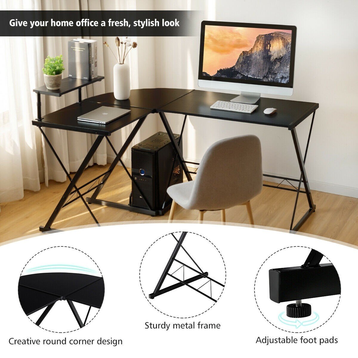 Gaming Desks - L-Shaped Desk Reversible Corner Computer Desk With Movable Shelf And CPU Stand-Black