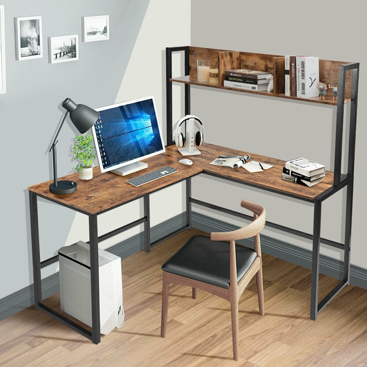 Gaming Desks - Industrial L-Shaped 55" Corner Computer Gaming Table With Bookshelf-Coffee