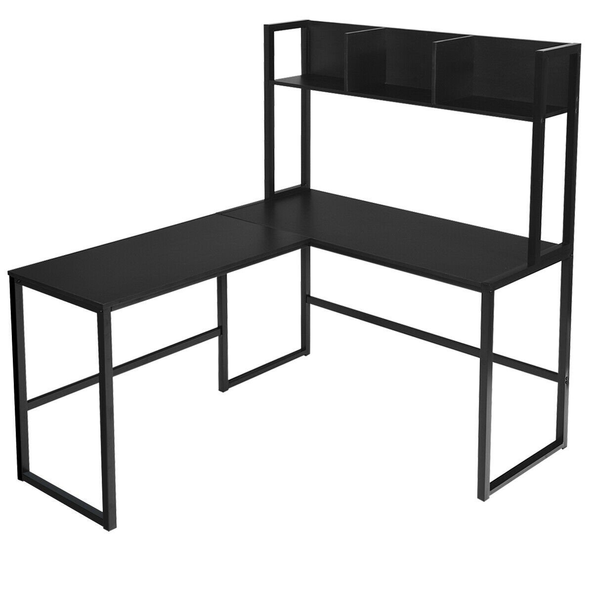 Gaming Desks - Industrial L-Shaped 55" Corner Computer Gaming Table With Bookshelf-Coffee
