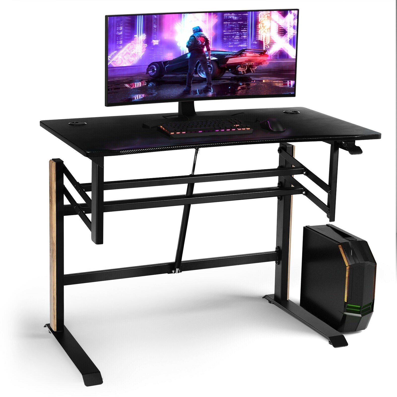 Gaming Desks - Pneumatic Height Adjustable Gaming Desk T Shaped Game Station With Power Strip Tray-Black